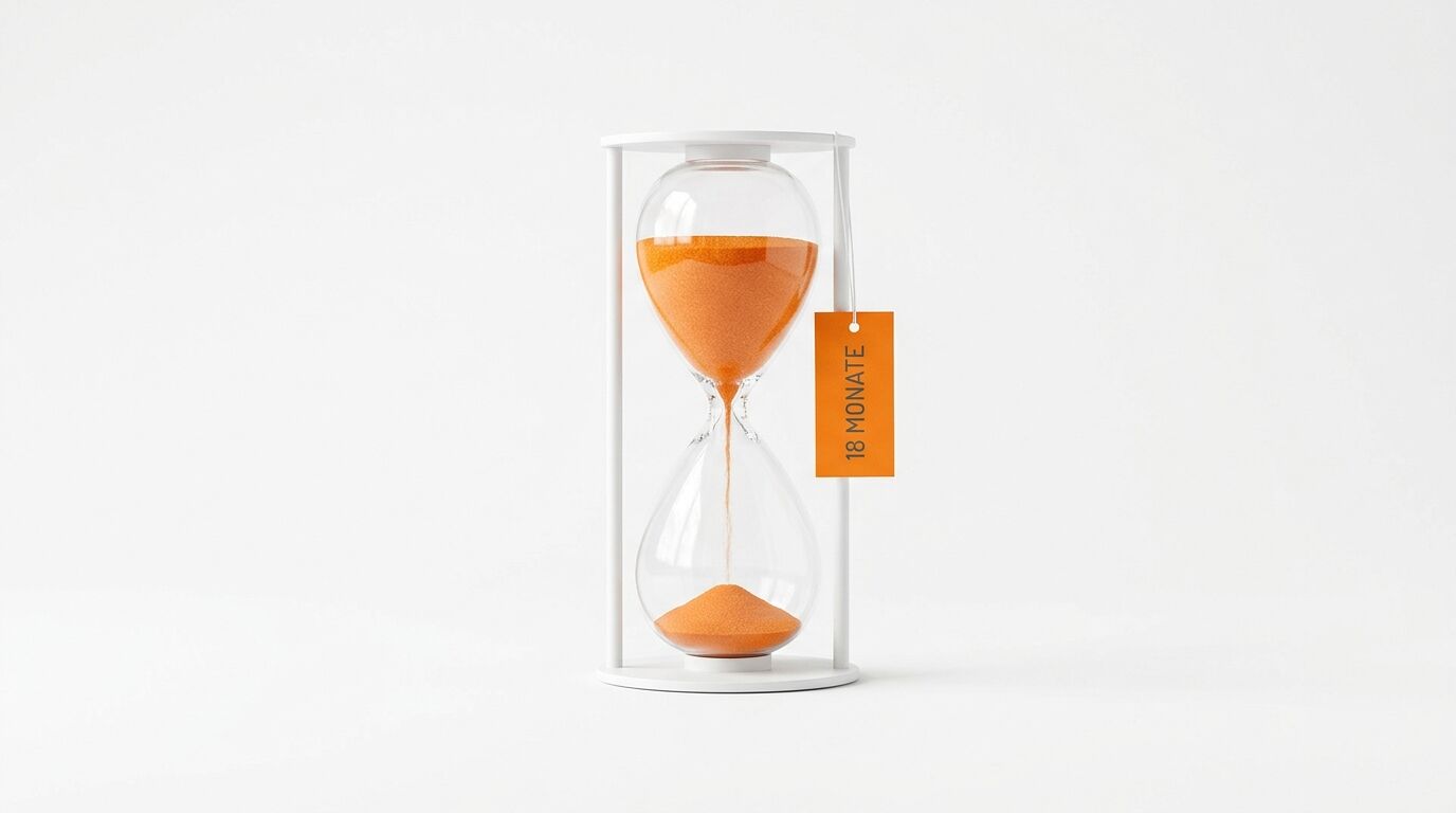 Sanduhr mit orangefarbenem Sand, Anhänger beschriftet mit „18 MONATE“, vor weißem Hintergrund