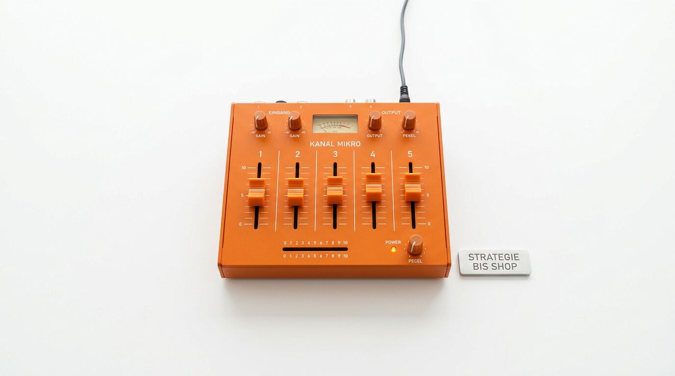 Draufsicht auf ein oranges Audiomischpult mit Kabel und kleinem Schild auf weißem Untergrund