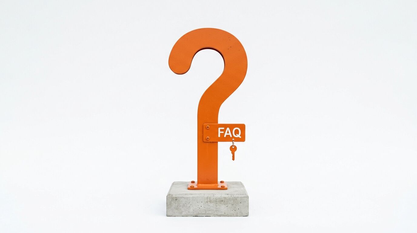 Orangefarbene Metallskulptur als Fragezeichen auf Betonsockel mit Schild