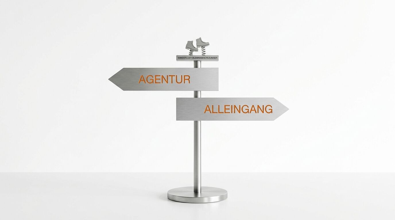 Edelstahlwegweiser mit Schildern „AGENTUR“ nach links und „ALLEINGANG“ nach rechts