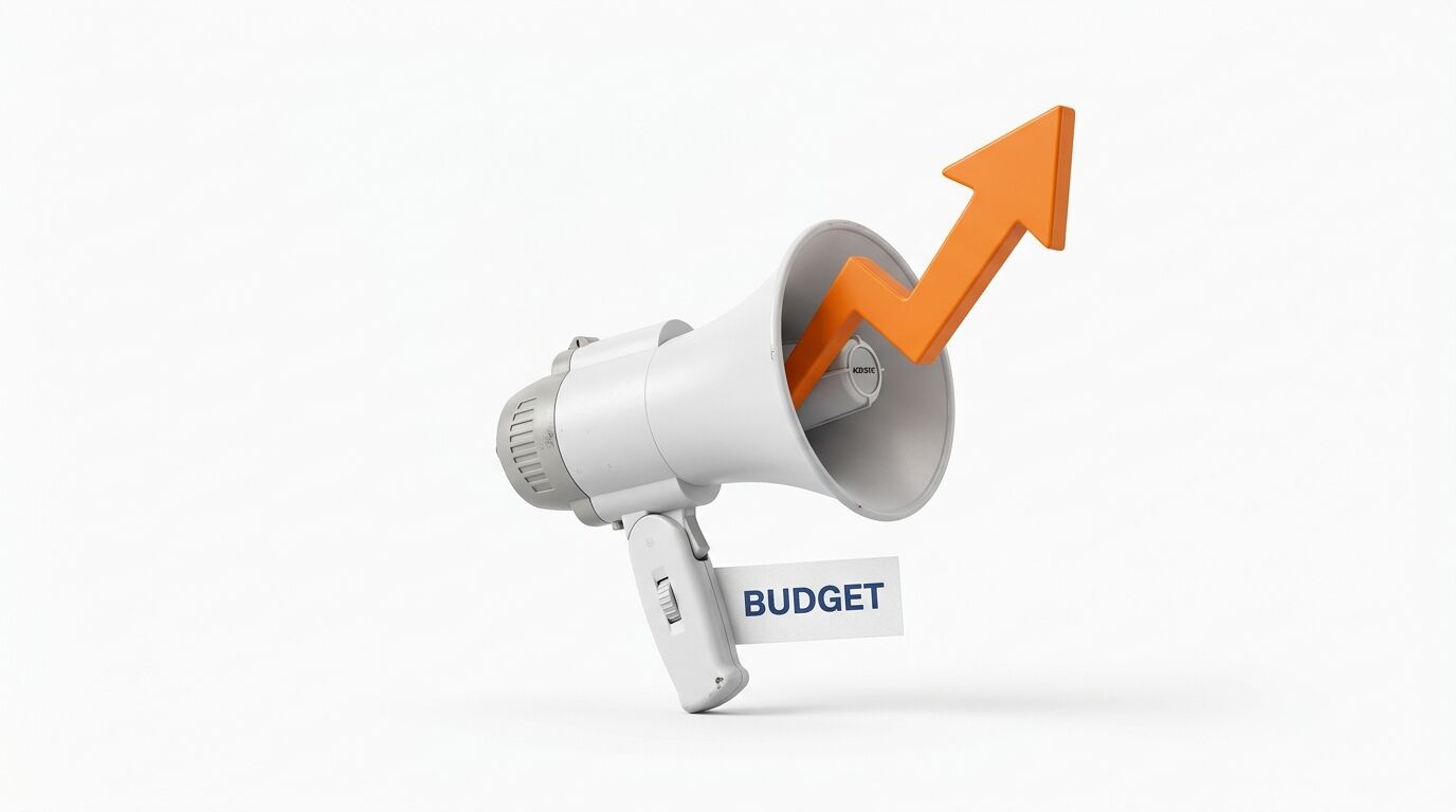 Ein weißes Megafon mit einem orangefarbenen, nach oben gerichteten Pfeil und einem Zettel mit der Aufschrift „BUDGET“