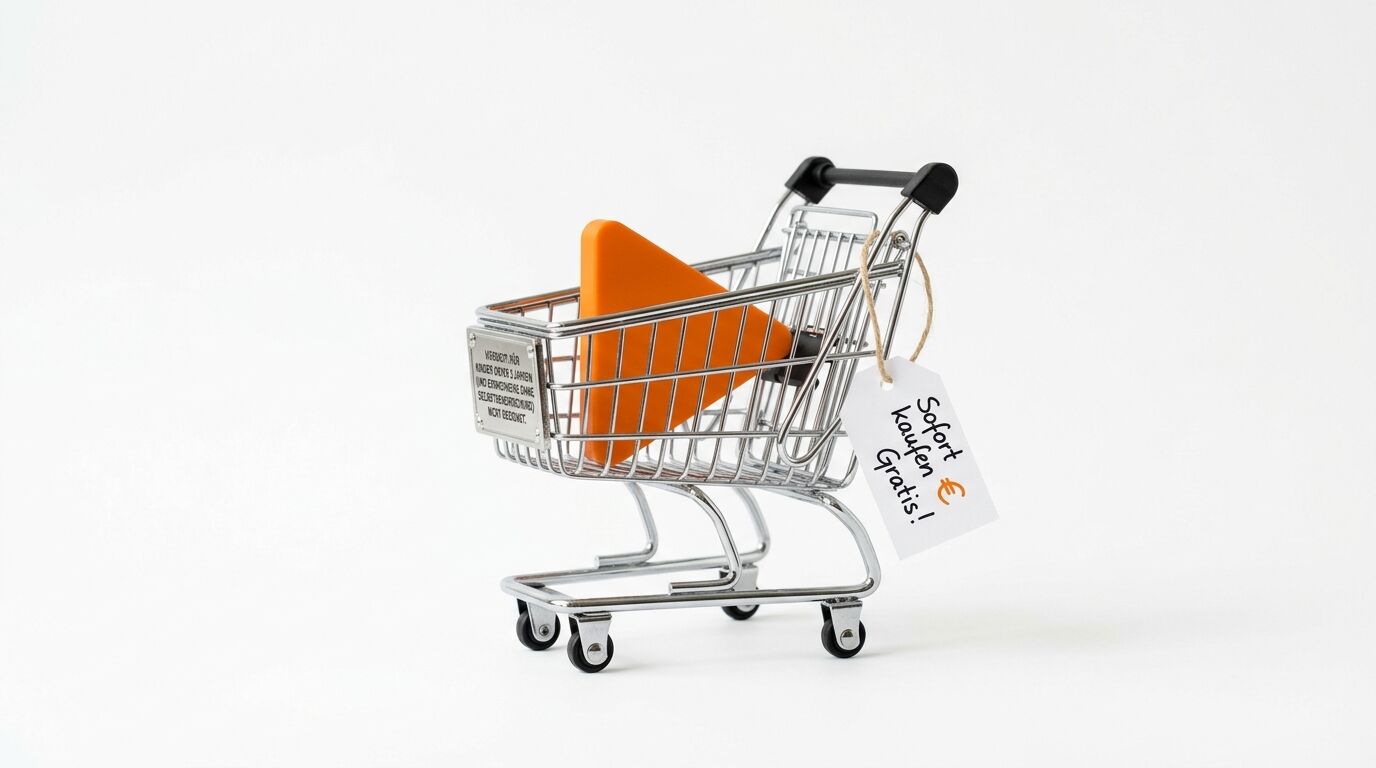 Kleiner Einkaufswagen mit orangefarbenem Dreieck und Anhänger
