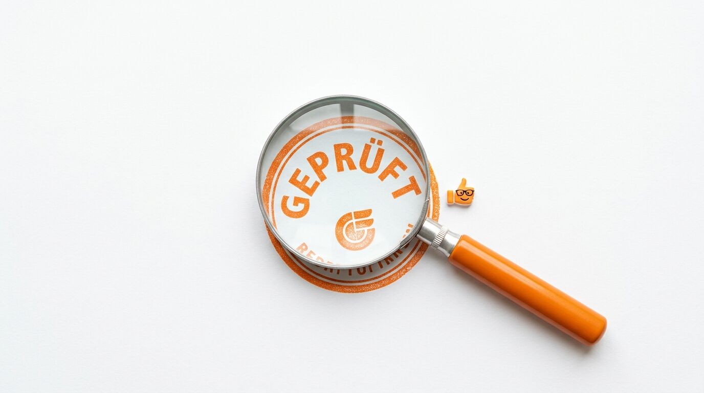 Eine Lupe vergrößert einen runden orangen Sticker mit dem Aufdruck GEPRÜFT auf weißem Grund