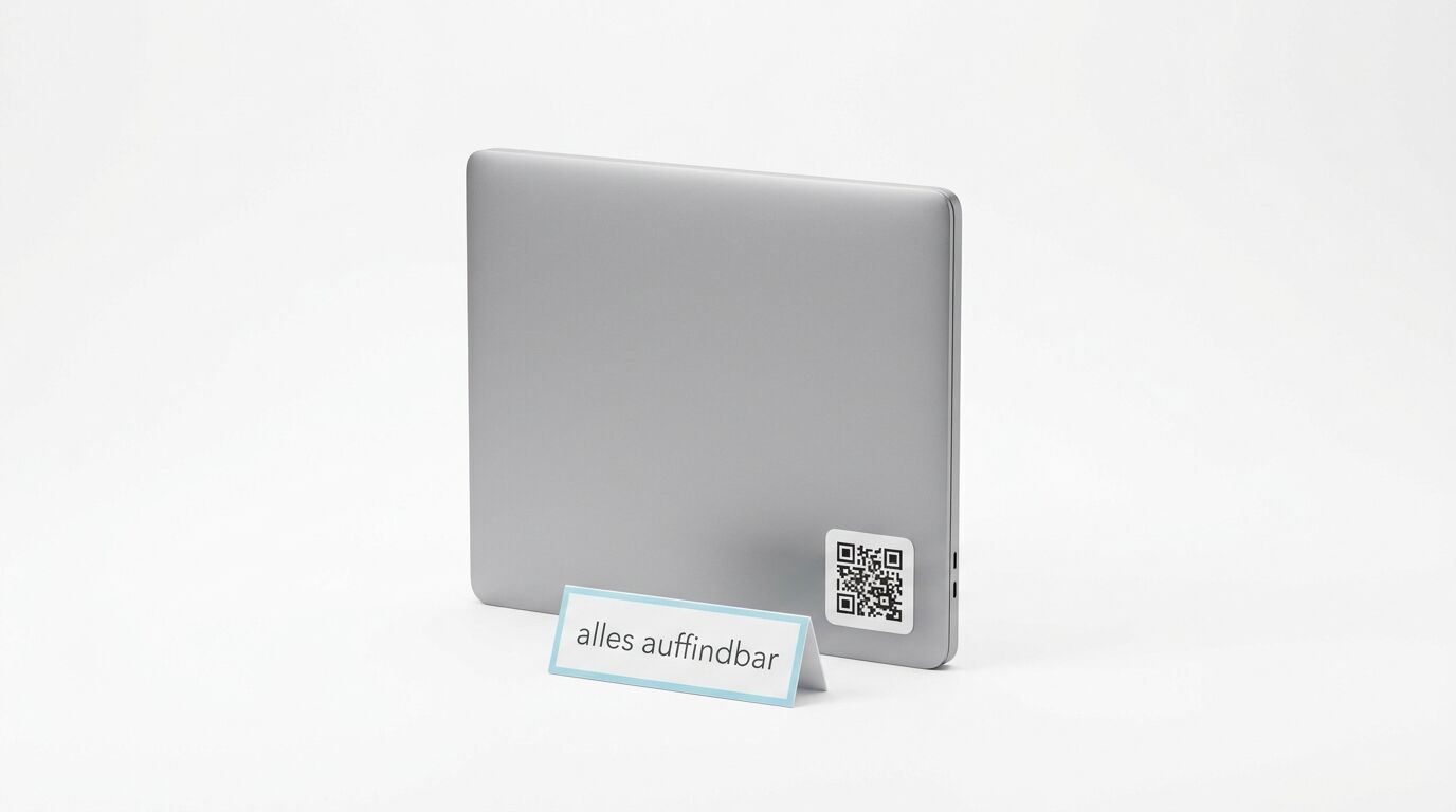Geschlossenes Notebook mit QR-Code und Schild „alles auffindbar“ vor weißem Hintergrund