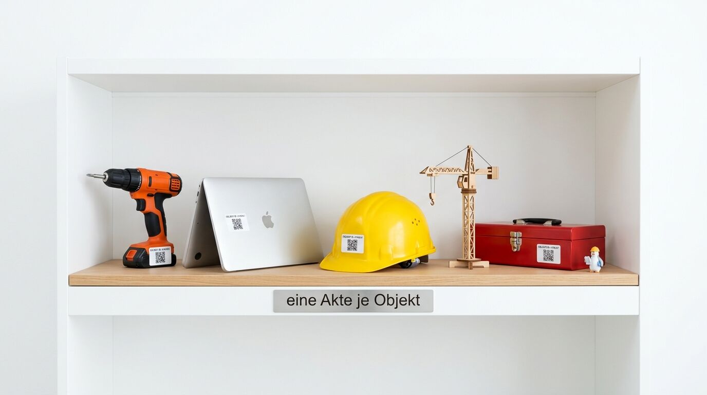 Akkuschrauber, Laptop, Helm, Kranmodell, Werkzeugkasten mit QR-Codes auf Regal, Text unten
