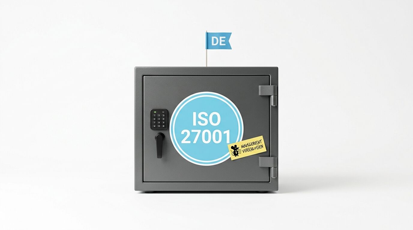 Grauer Safe mit ISO 27001-Logo, Zahlenschloss, Notiz und DE-Fahne vor weißem Hintergrund
