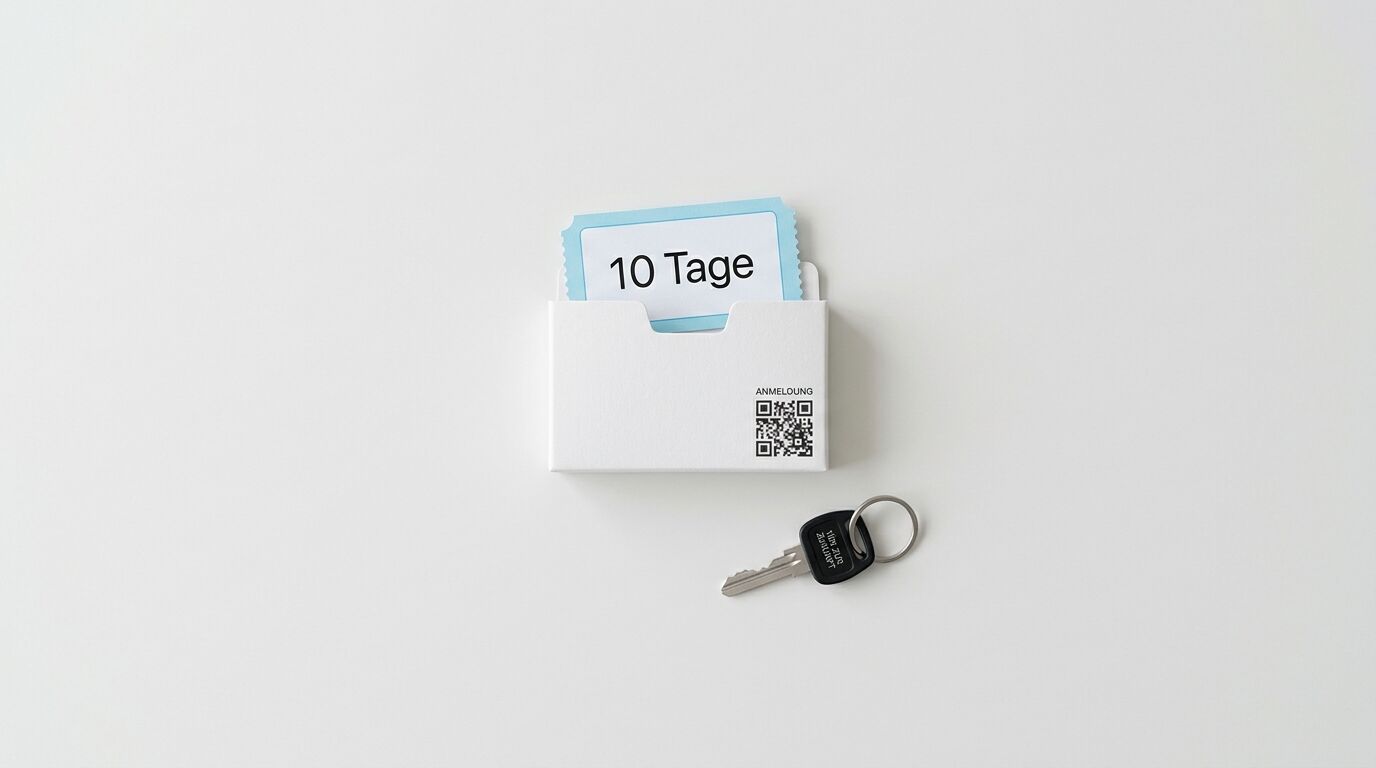 Kartenbox mit Aufschrift „10 Tage“ und QR-Code, daneben ein Schlüssel, auf weißem Grund