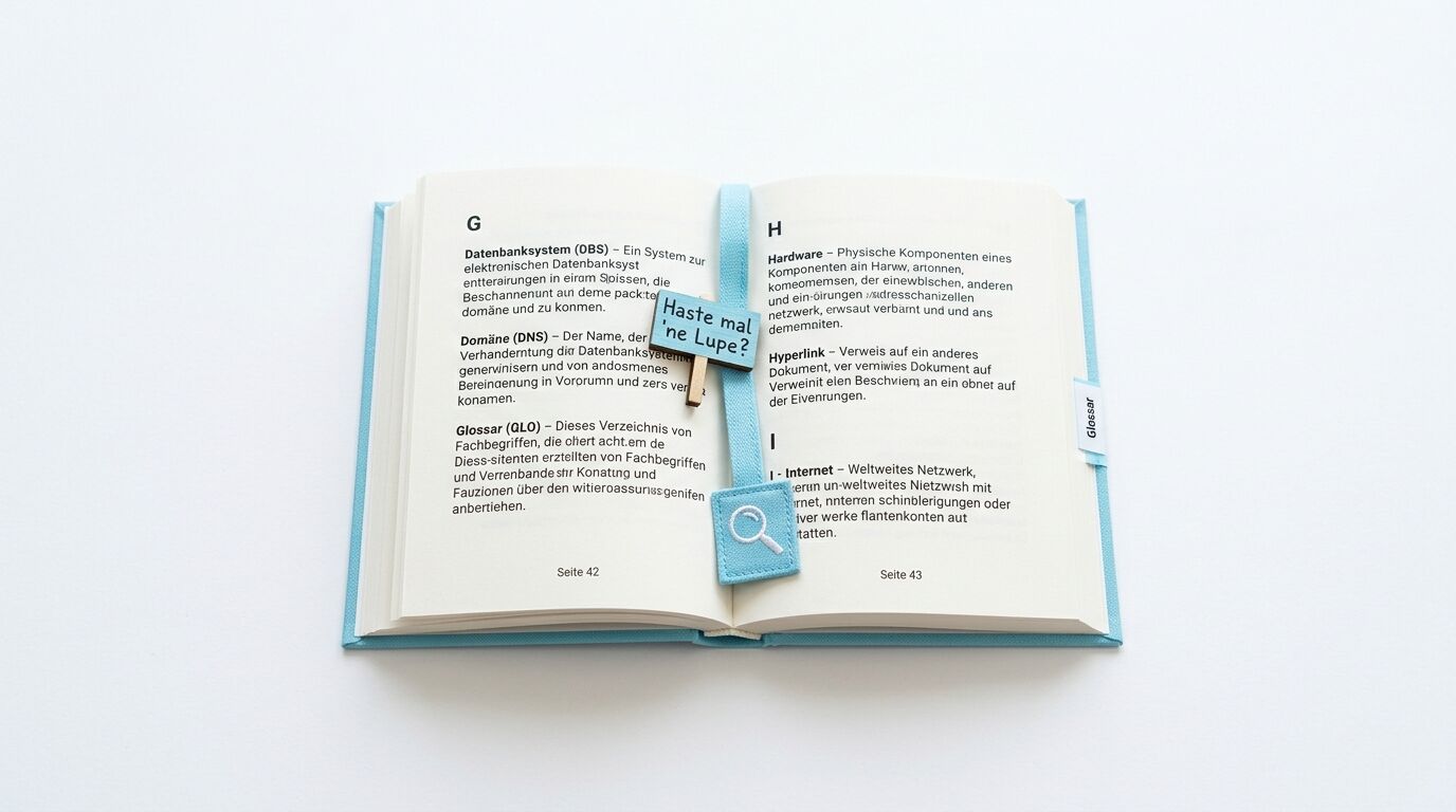 Aufgeschlagenes Glossar mit Begriffserklärungen, Seitenreiter, Lupe und Textfeld