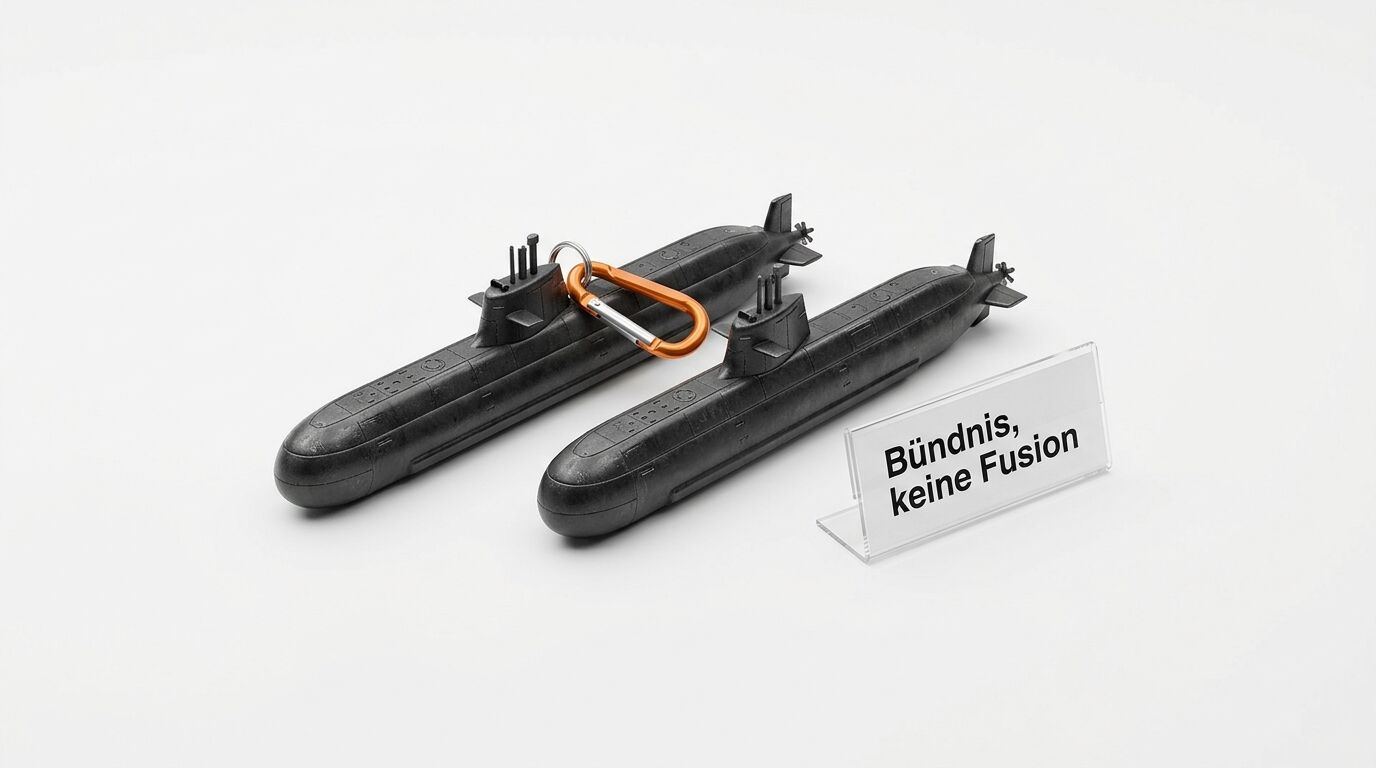 Zwei U-Boot-Modelle sind durch einen Karabiner verbunden, daneben steht ein Schild mit der Aufschrift: „Bündnis, keine Fusion“