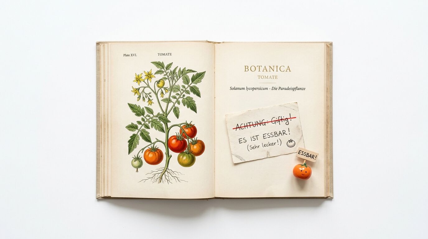 Botanisches Buch mit Tomatenzeichnung und Notizen zur Essbarkeit