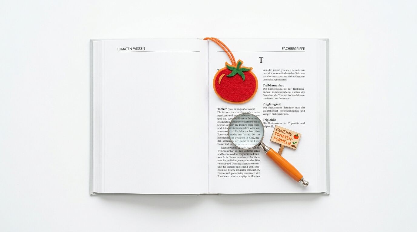 Geöffnetes Buch mit Tomaten-Thema, Filzlesezeichen und einem Stempel