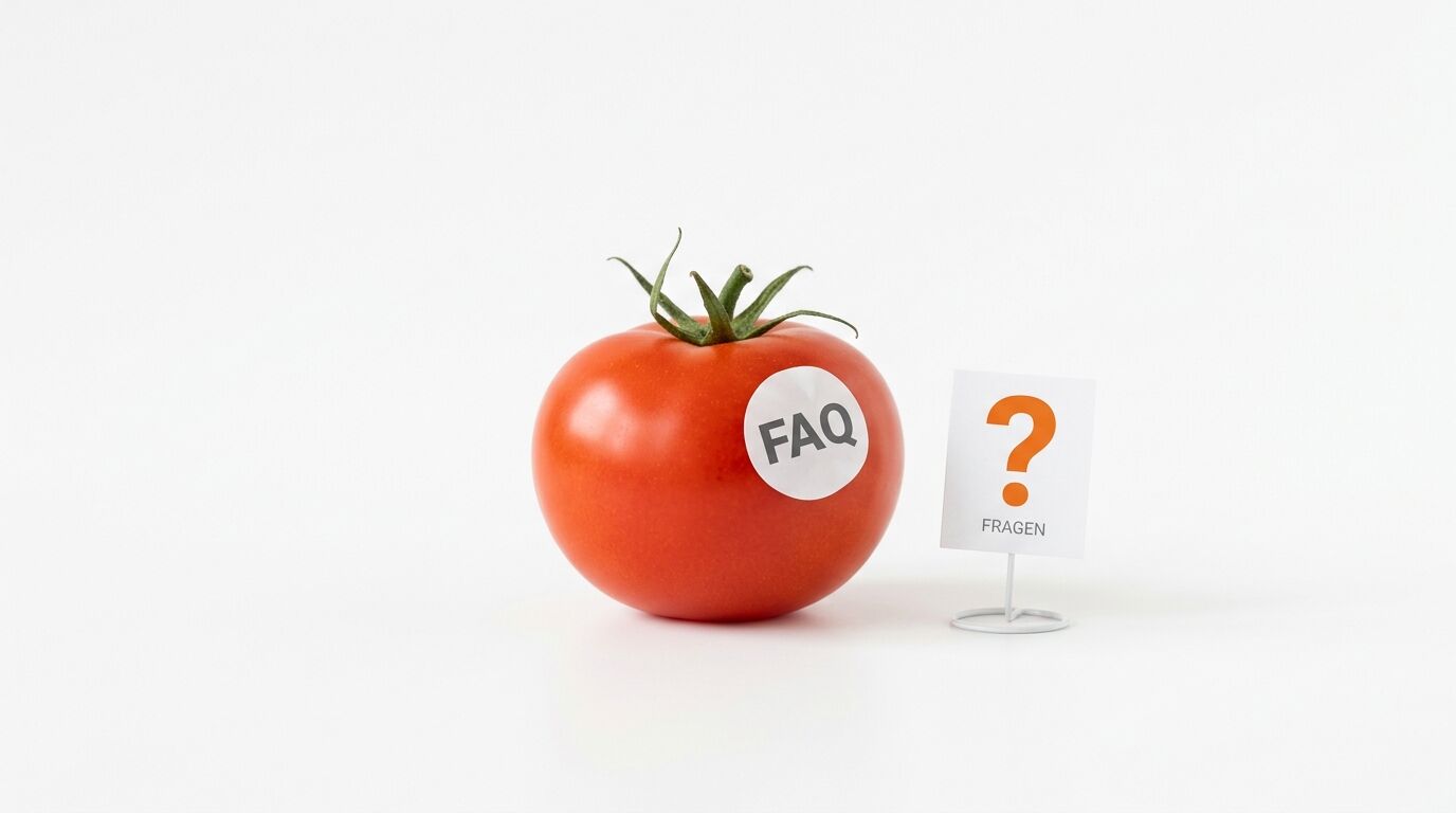 Eine Tomate mit „FAQ“-Aufkleber neben einem Schild mit Fragezeichen auf weißem Grund