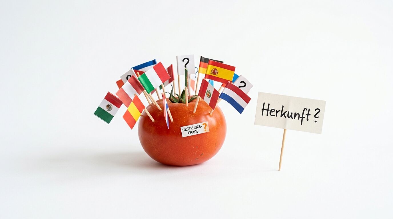 Tomate mit vielen Länderfahnen und einem Schild „Herkunft?“, weißer Hintergrund