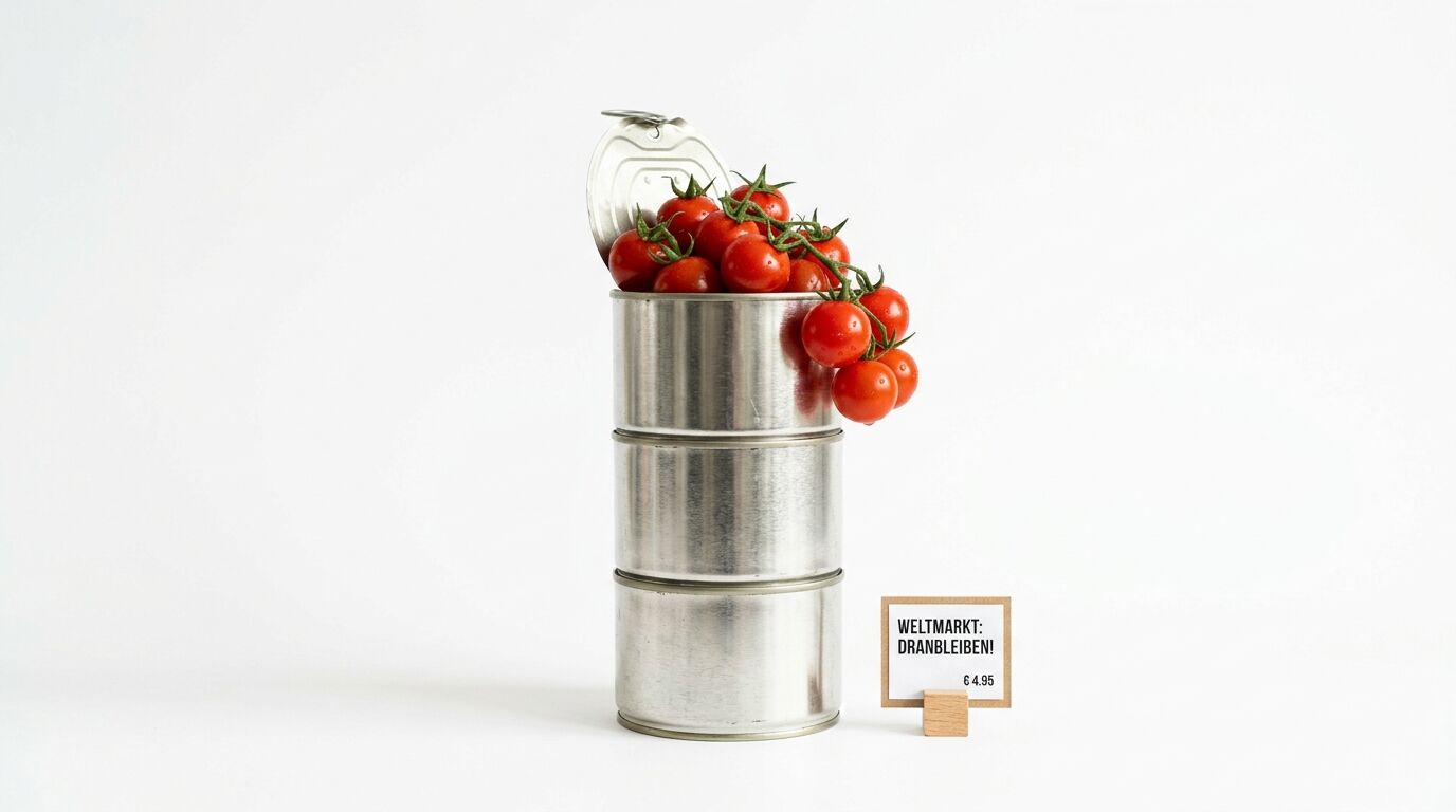 Dose mit Kirschtomaten, Schild „WELTMARKT: DRANBLEIBEN! € 4,95“, weißer Hintergrund