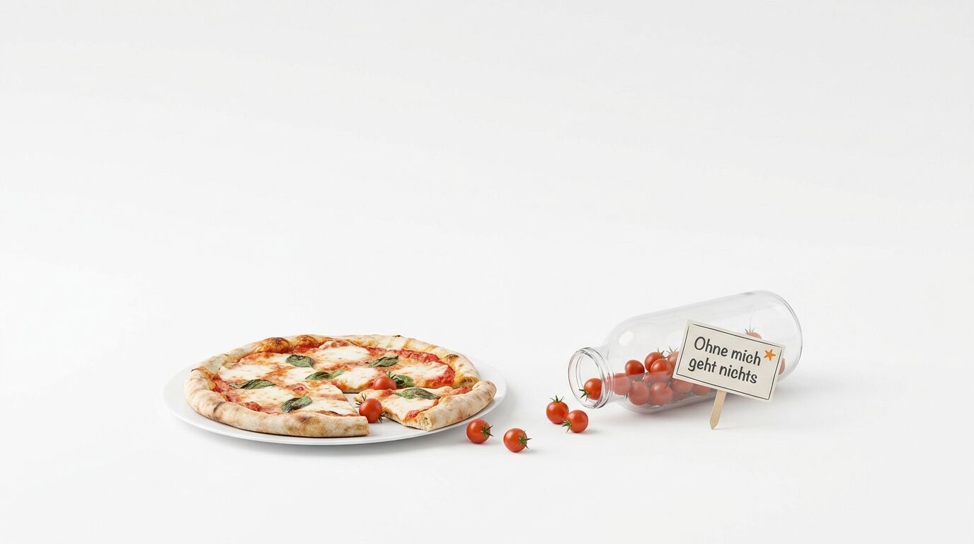 Eine Pizza und eine umgekippte Flasche mit Kirschtomaten sowie einem Schild vor weißem Hintergrund