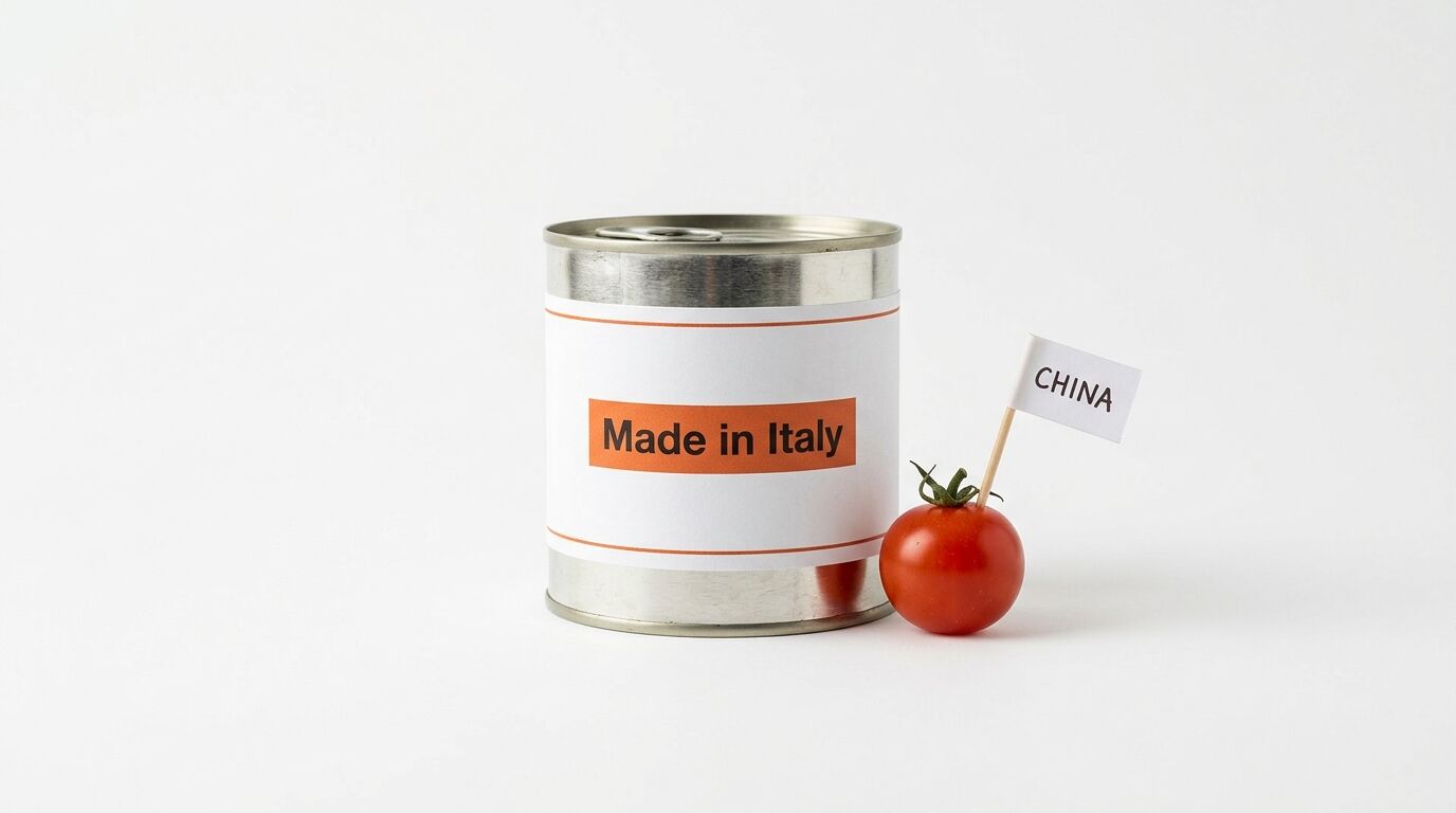 Dose mit „Made in Italy“ und Tomate mit „China“-Fähnchen auf Weiß