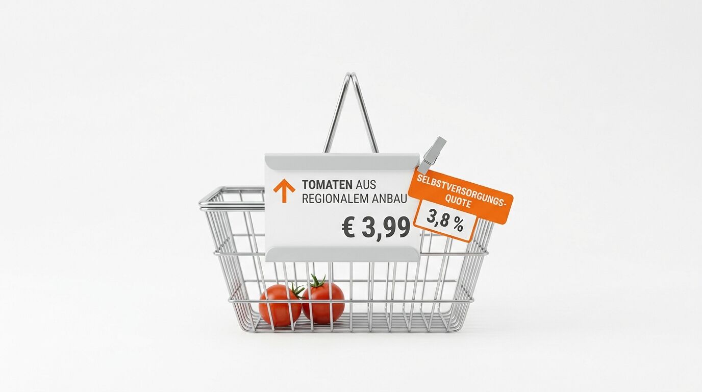 Draht-Einkaufskorb mit Tomaten und Preisschild mit 3,8% Selbstversorgungsquote