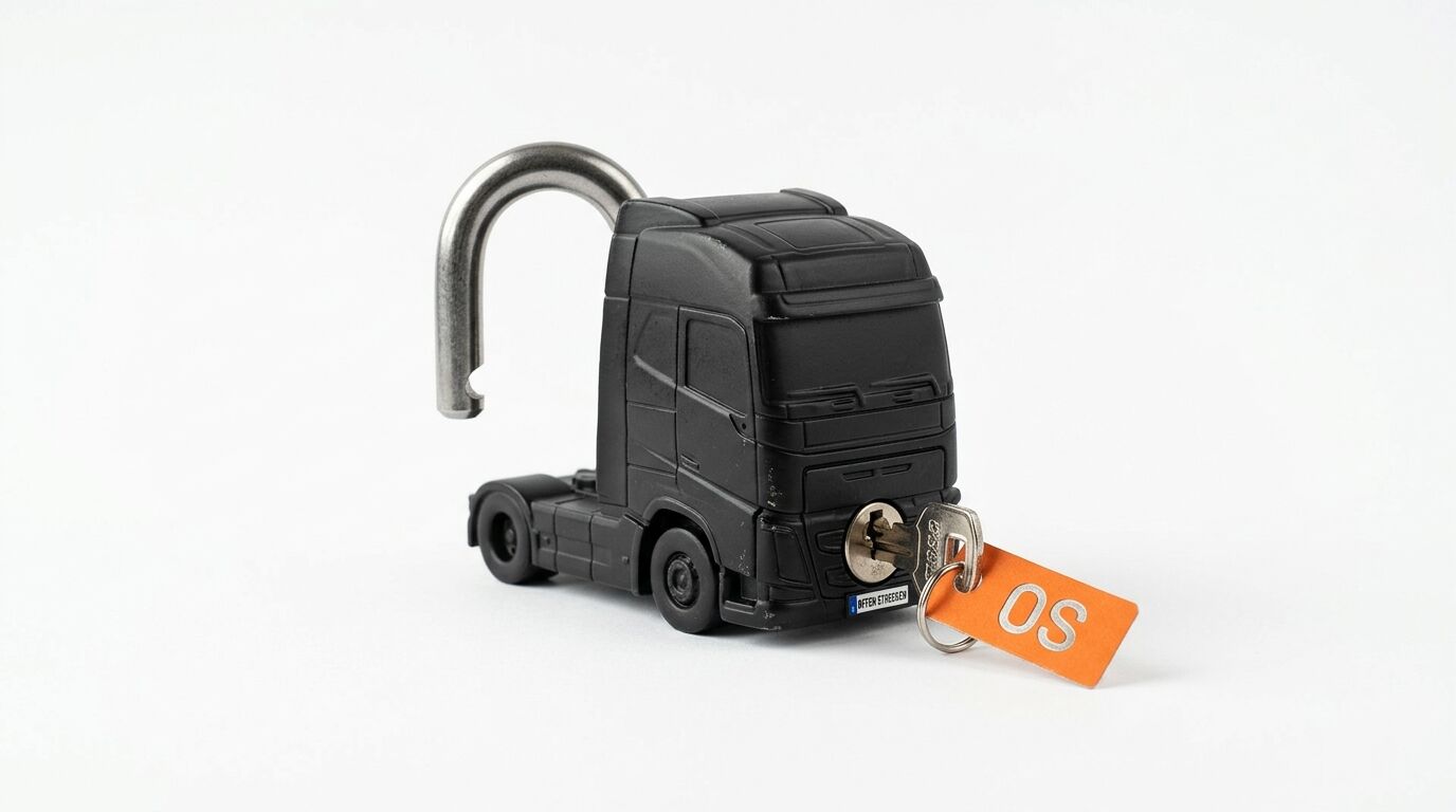 Vorhängeschloss in Form einer schwarzen Lkw-Zugmaschine mit steckendem Schlüssel