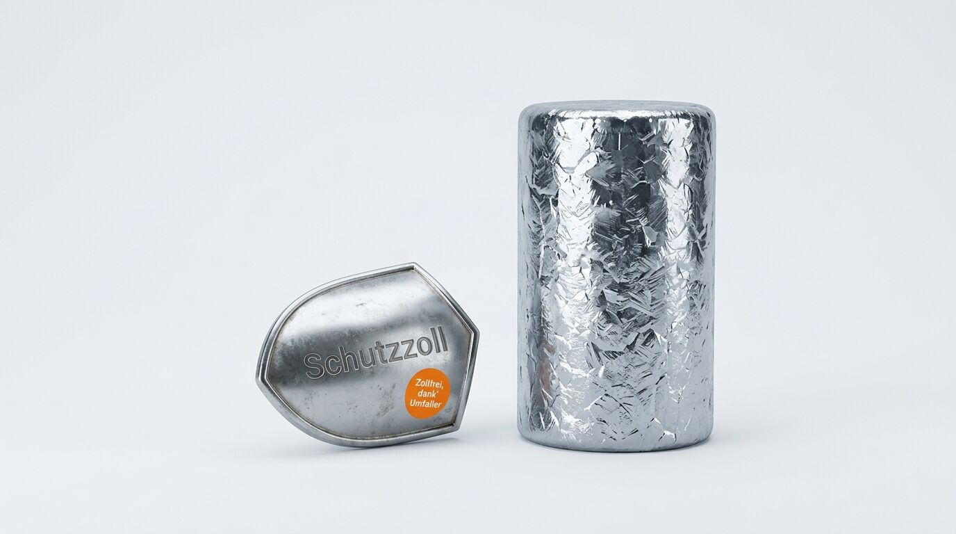 Ein Metallzylinder und ein Metallschild mit der Aufschrift „Schutzzoll“ auf weißem Hintergrund