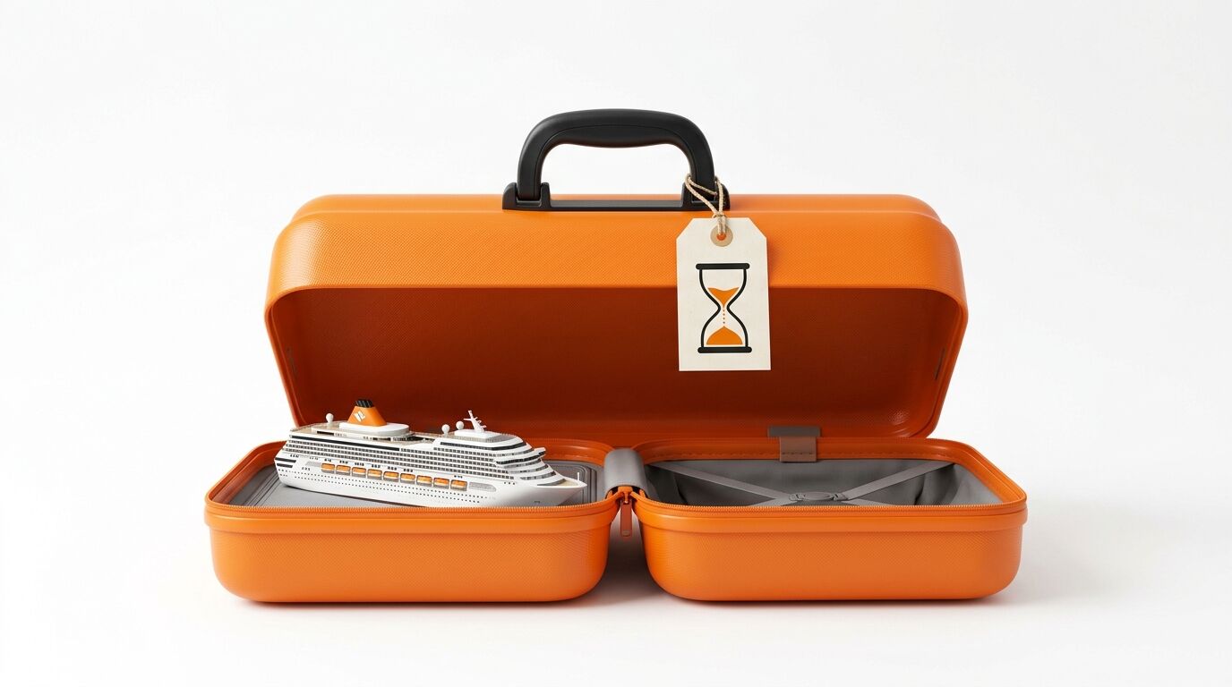 Offener orangefarbener Koffer mit einem Modell-Kreuzfahrtschiff und einem Sanduhr-Anhänger