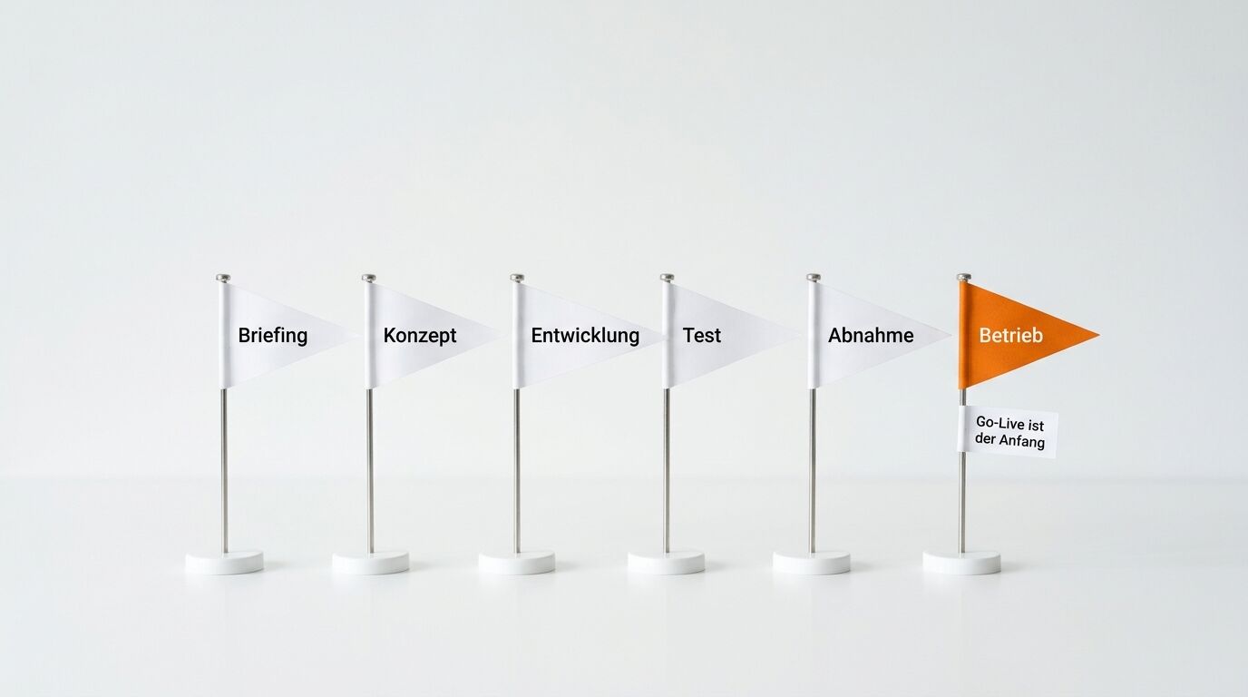 Sechs Flaggen auf Ständern zeigen Projektphasen: Briefing, Konzept, Entwicklung, Test, Abnahme und Betrieb (orange). Darunter steht "Go-Live ist der Anfang"