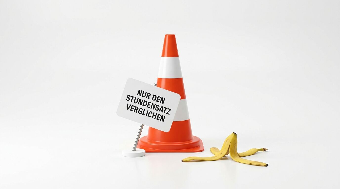 Verkehrskegel mit Schild "NUR DEN STUNDENSATZ VERGLEICHEN" und Bananenschale auf weißem Hintergrund