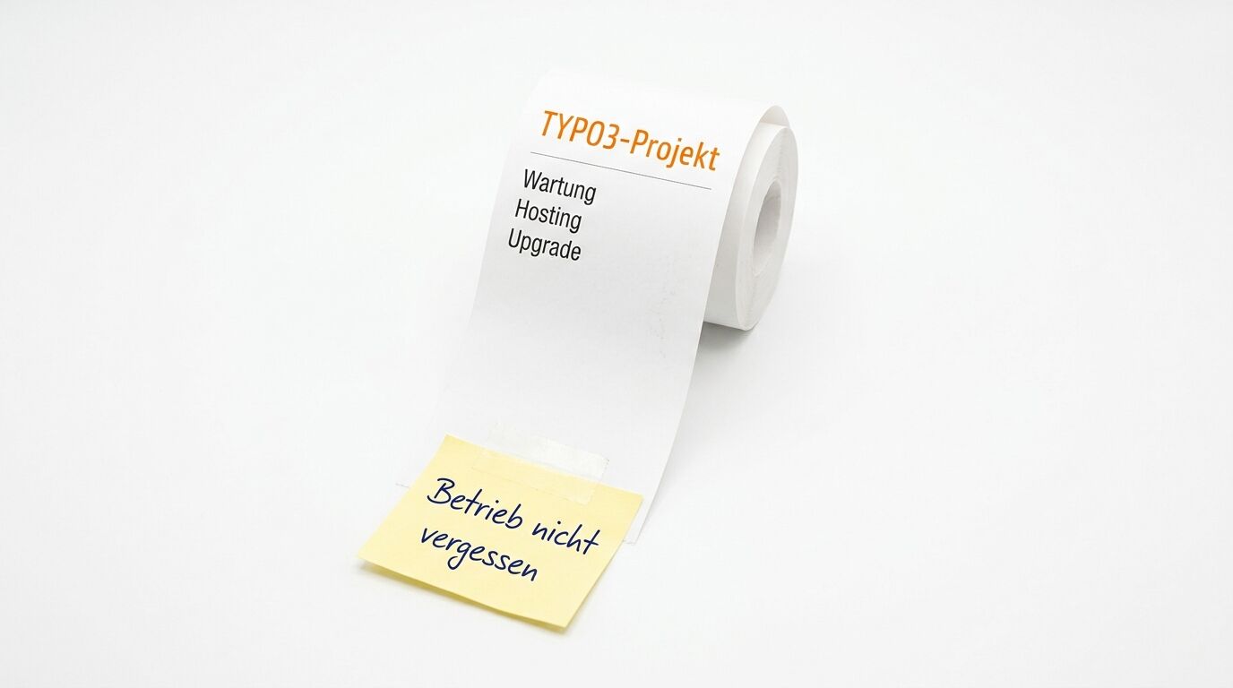 Eine Rolle Klebeband mit Etikett "TYPO3-Projekt" und eine gelbe Notiz "Betrieb nicht vergessen"