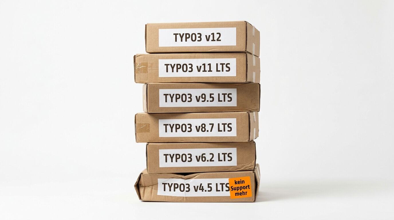 Stapel aus sechs Kartons mit TYPO3-Versionen, unterste Box mit orange Aufkleber "kein Support mehr"