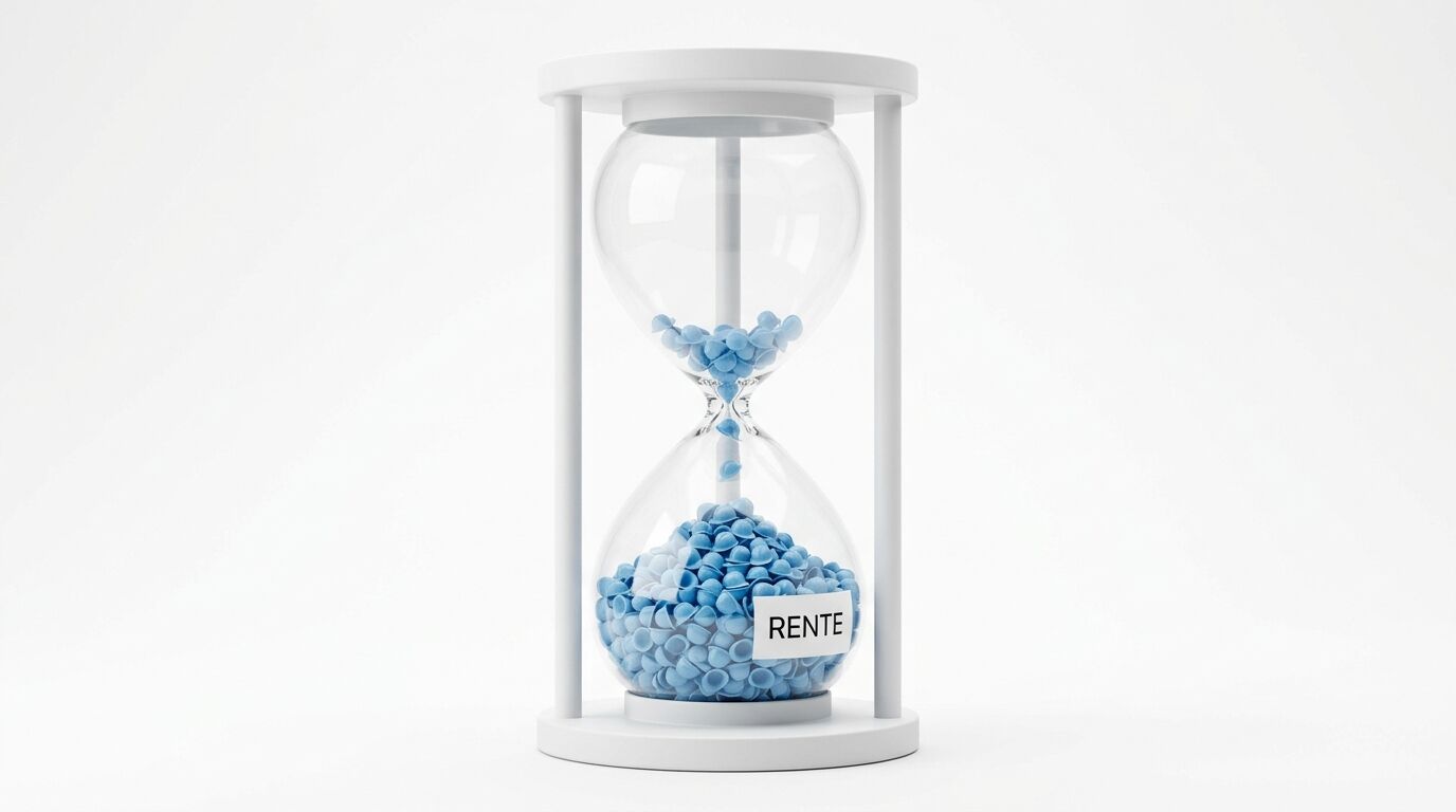 Eine weiße Sanduhr, gefüllt mit blauen Tabletten, die in die untere Hälfte rieseln