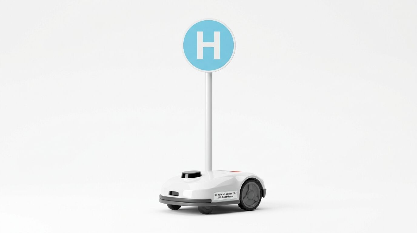 Autonomes, weißes Fahrzeug mit einem blauen Haltestellenschild