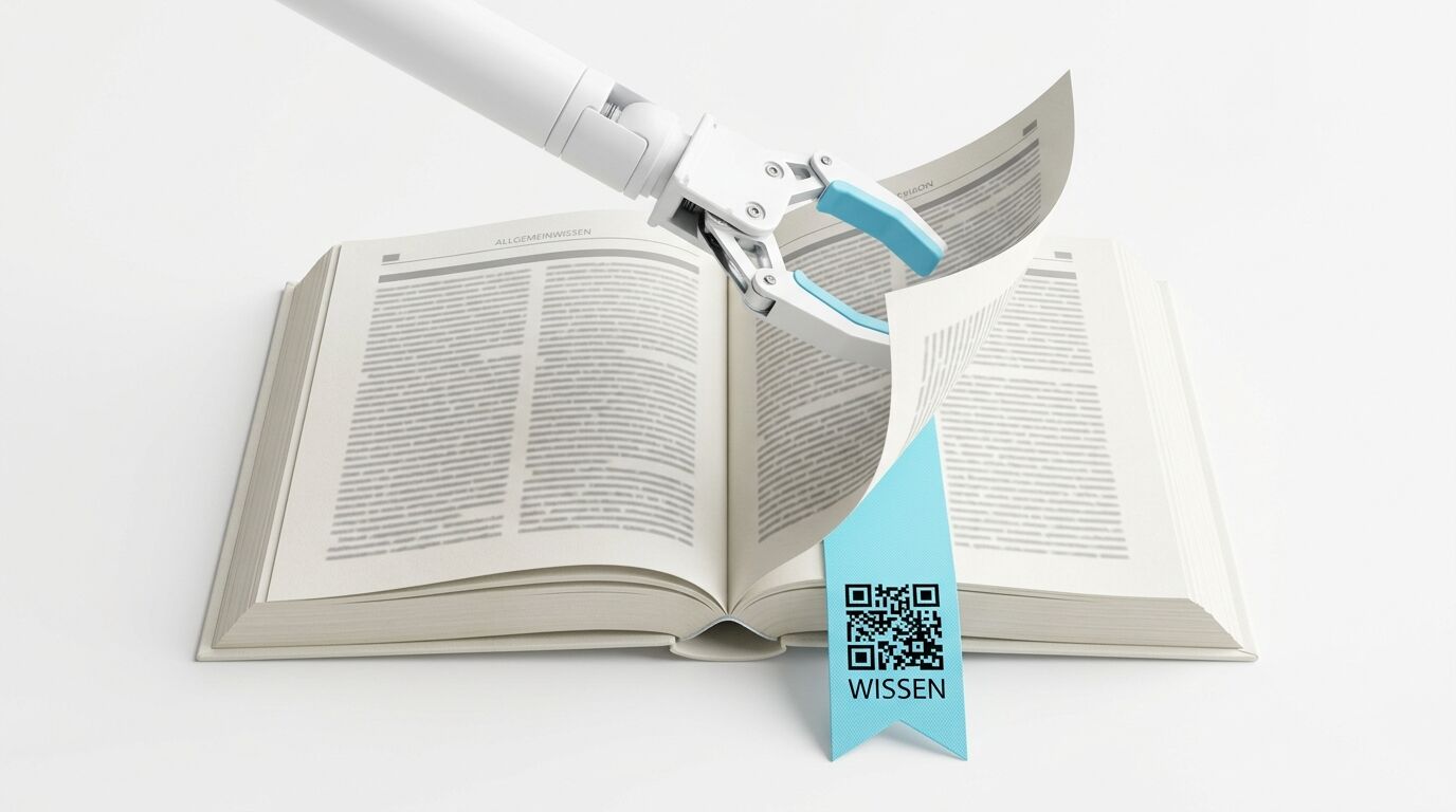 Ein Roboterarm blättert in einem Buch mit einem QR-Code-Lesezeichen
