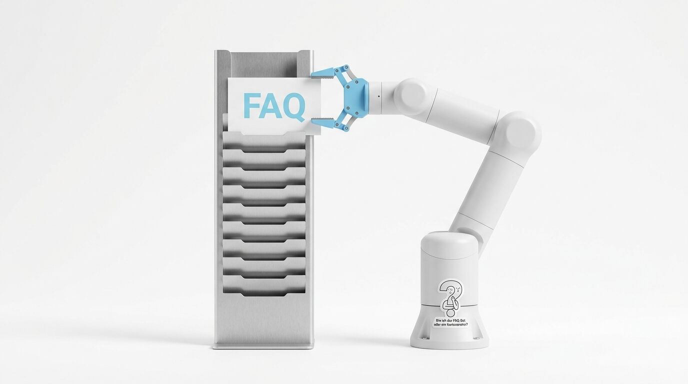 Roboterarm hält Karte mit „FAQ“ neben Zeitschriftenständer vor weißem Hintergrund