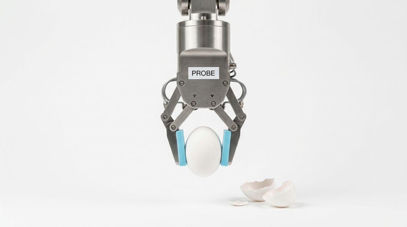 Roboterarm hält ein Ei über Eierschalen vor weißem Hintergrund