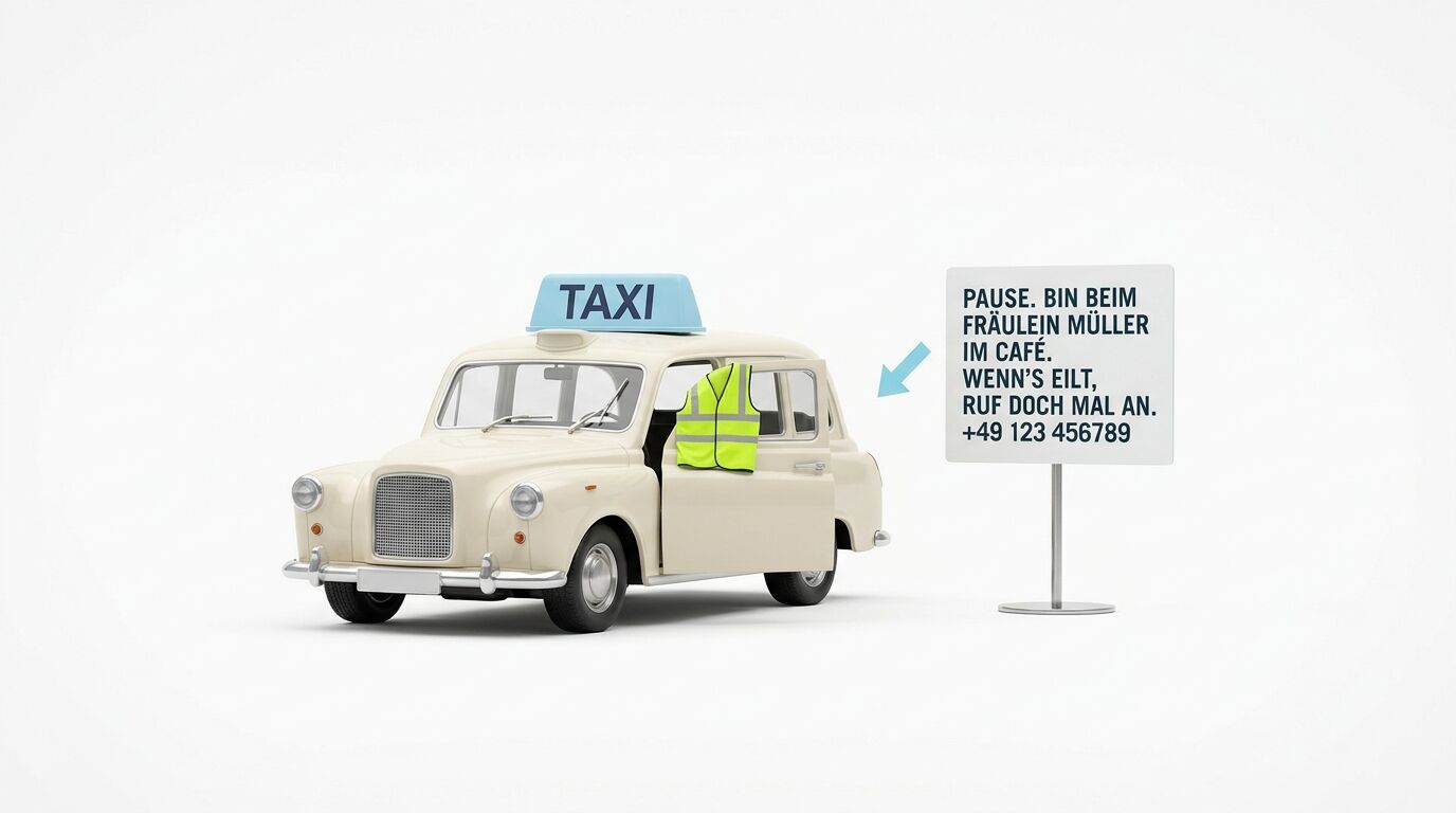 Beiges London Taxi mit Warnweste und Schild: „Pause... Wenn’s eilt, ruf doch mal an. +49 123 456789“
