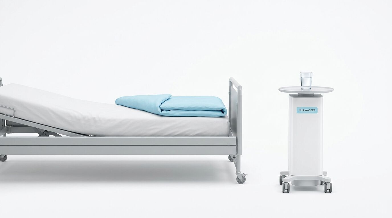 Krankenbett und Wasserstation vor weißem Hintergrund