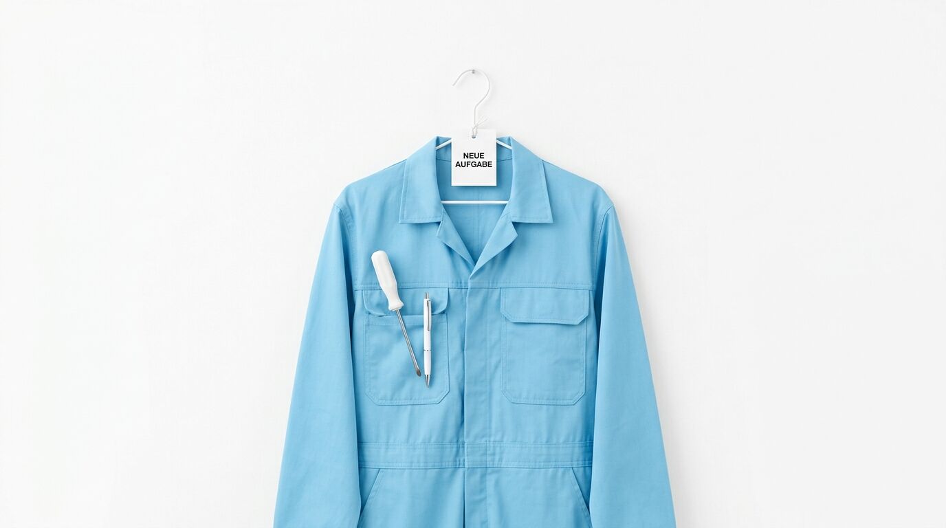 Blaue Arbeitsjacke an Kleiderbügel mit Werkzeug und Schild „NEUE AUFGABE“ auf Weiß