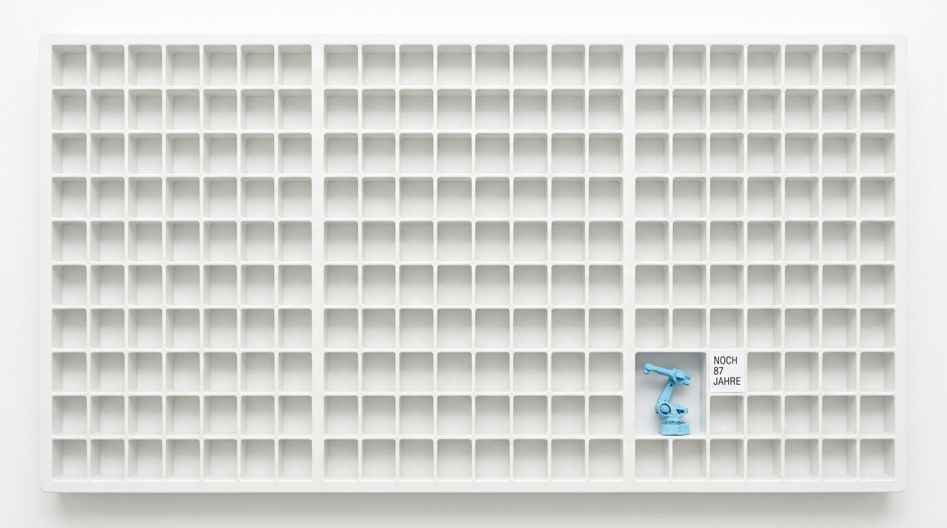 Weißes Setzkasten-Raster mit blauem Miniatur-Roboterarm und Schriftzug „NOCH 87 JAHRE“