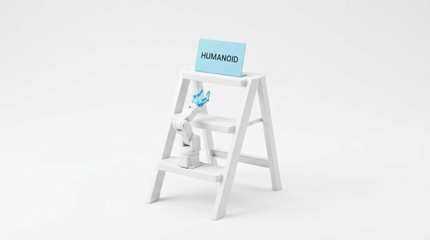 Ein Roboterarm auf einer weißen Trittleiter mit einem hellblauen Schild mit der Aufschrift HUMANOID