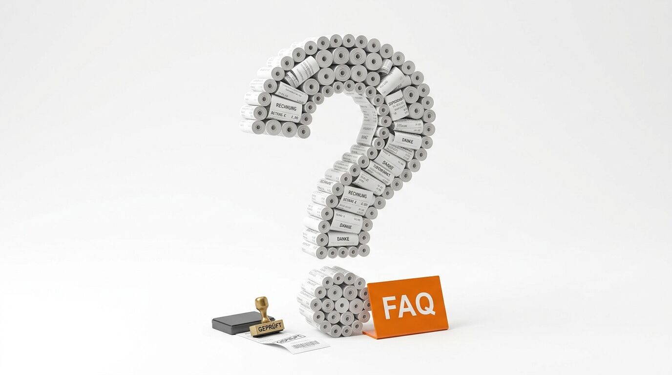 Ein Fragezeichen aus Kassenrollen, ein Stempel und ein FAQ-Aufsteller auf weißem Hintergrund