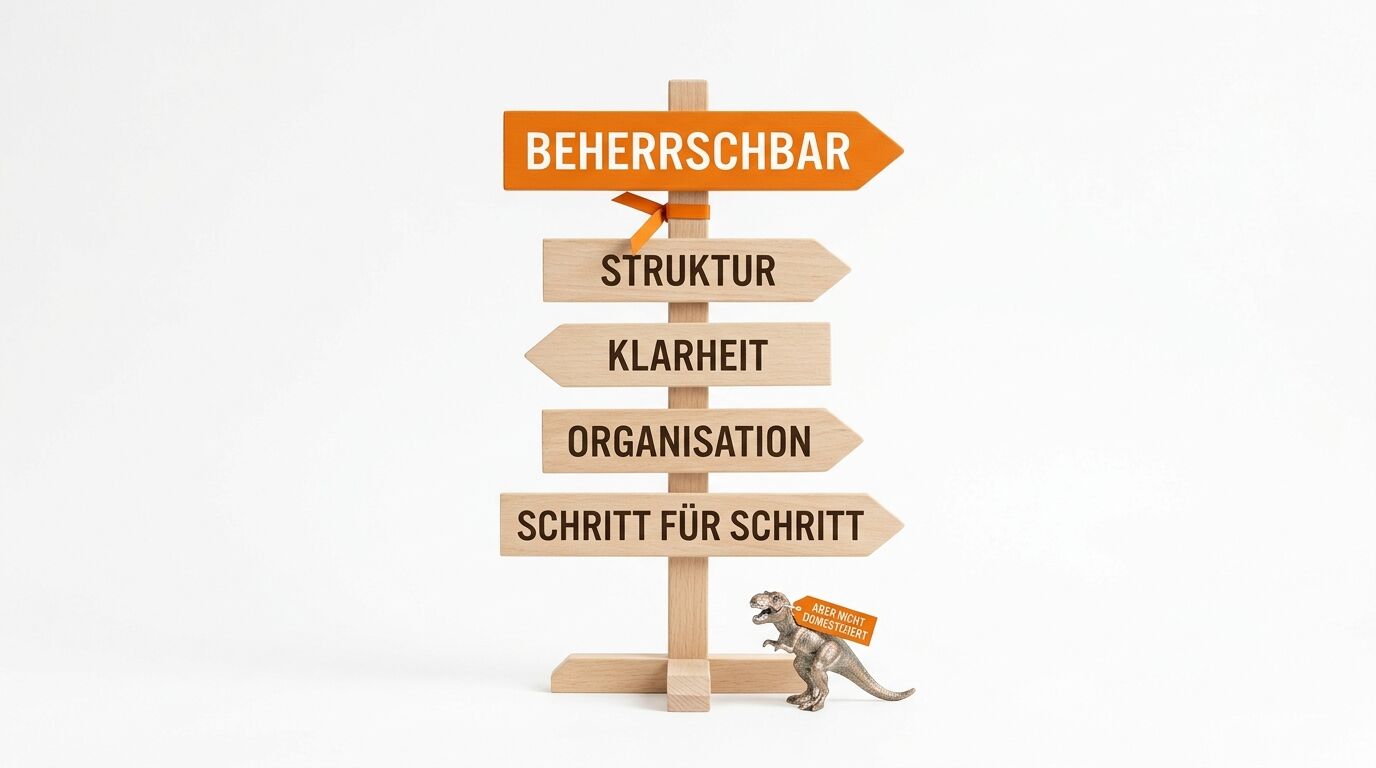 Wegweiser mit Begriffen und Dinosaurier-Figur vor weißem Hintergrund