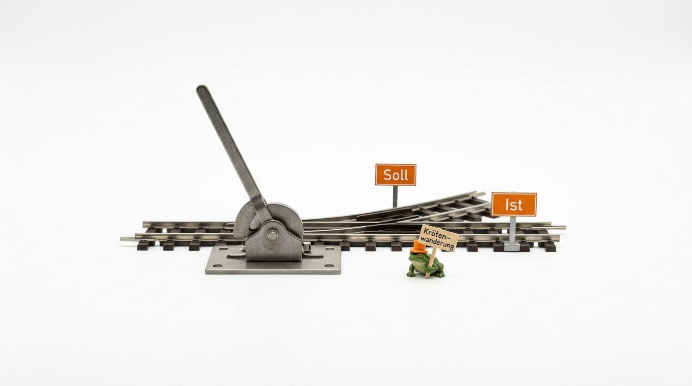 Modellbahngleisweiche, Stellhebel, Schilder „Soll“, „Ist“ und Frosch mit „Krötenwanderung“-Schild