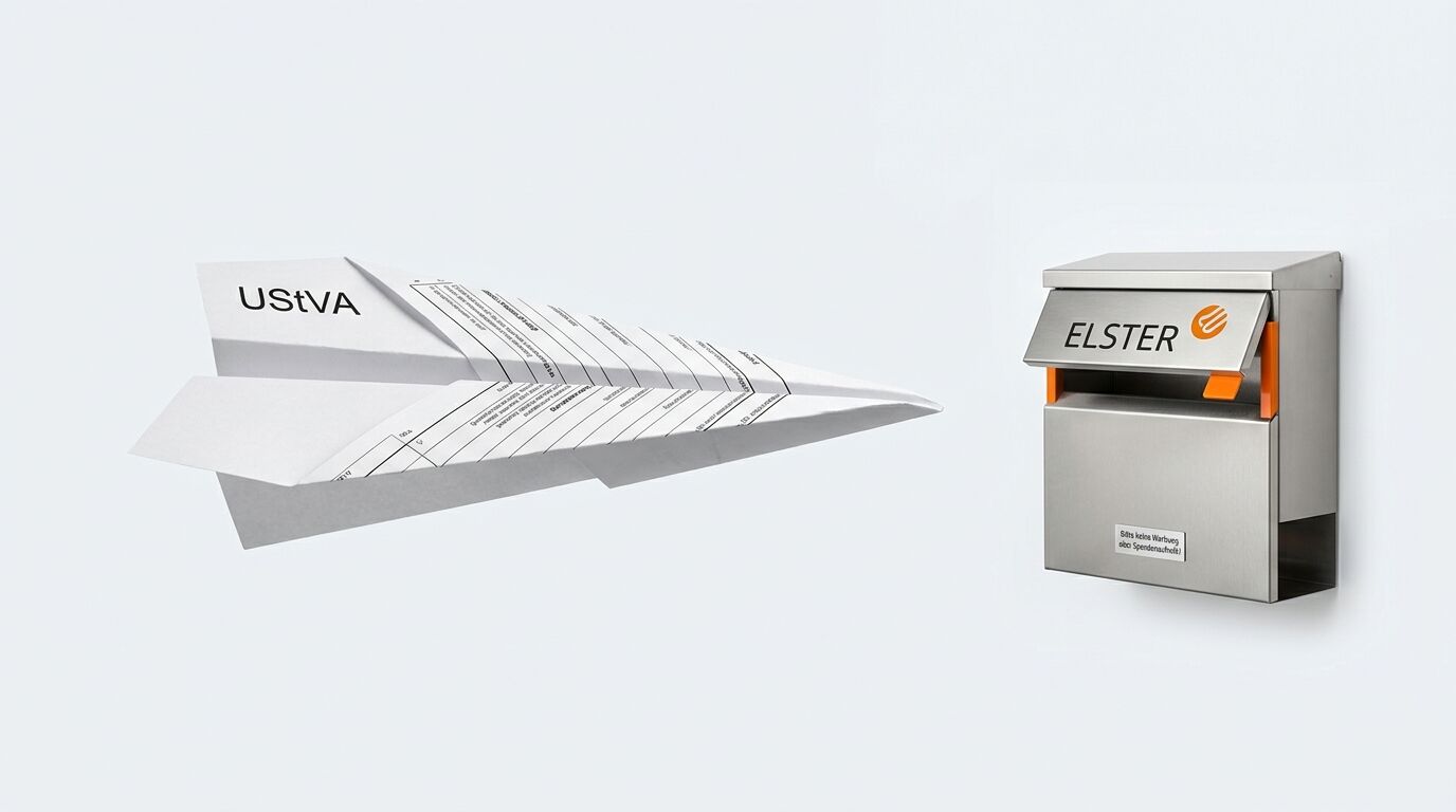 Papierflieger mit UStVA-Aufdruck steuert auf Metall-Briefkasten mit Elster-Logo zu