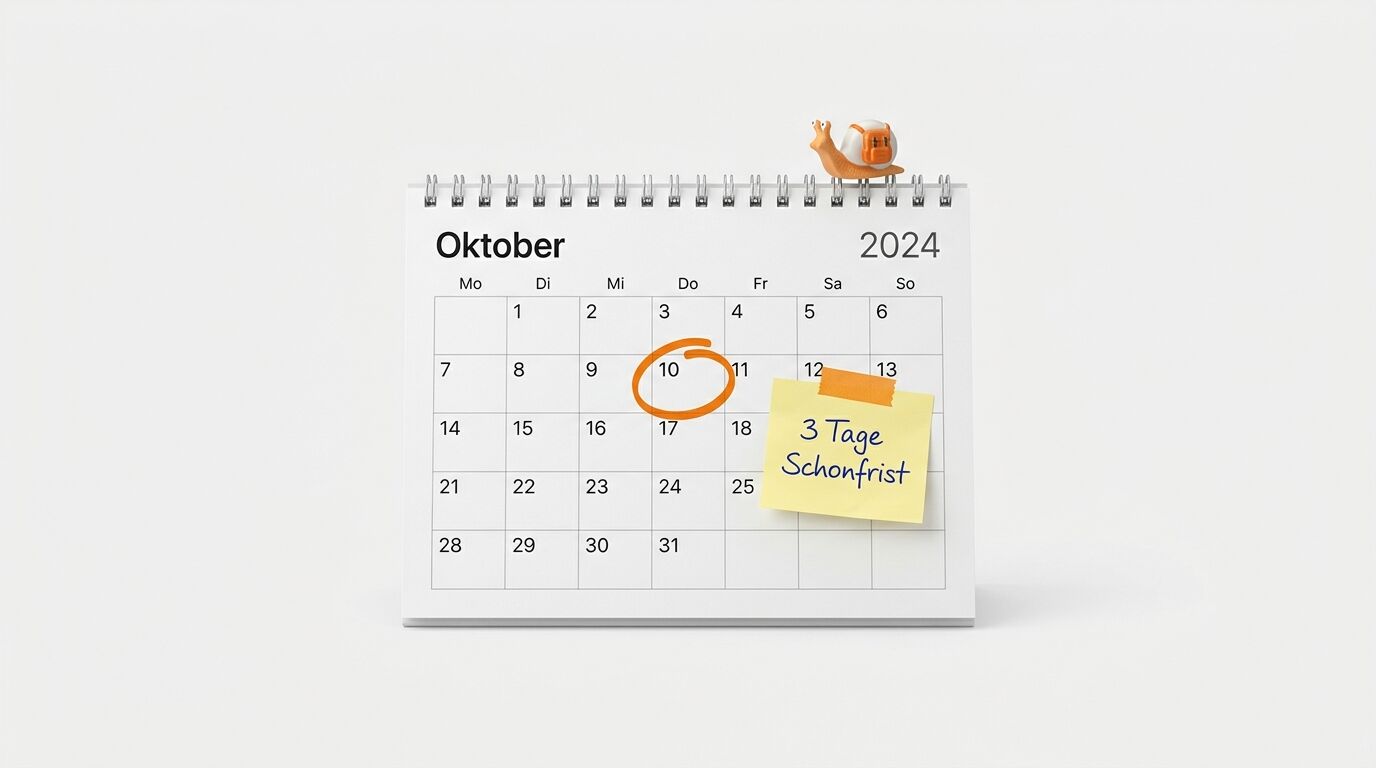 Kalender Oktober 2024, der 10. ist umkreist, mit Schnecke und Notizzettel „3 Tage Schonfrist“