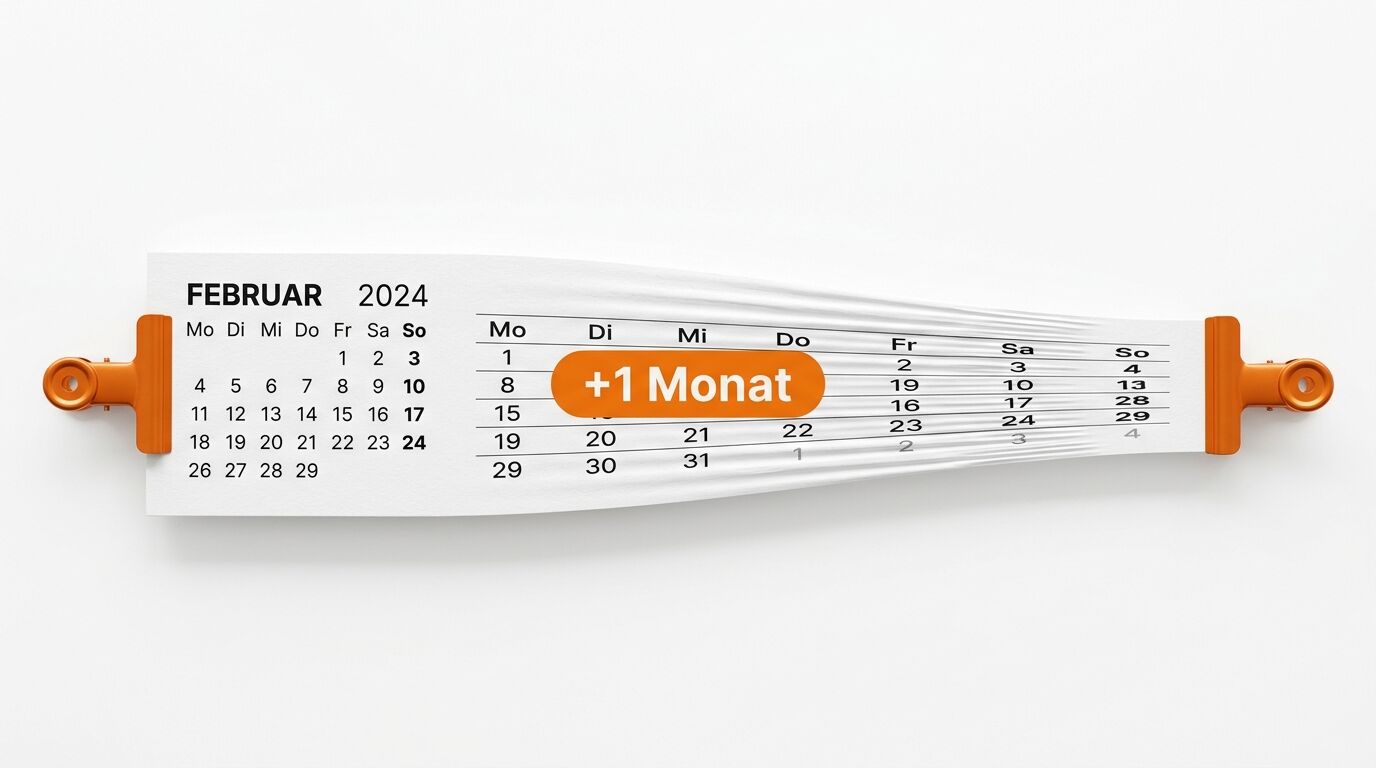 Februar 2024 Kalenderband, links gedruckt, rechts gefächert, mit orangefarbenem „+1 Monat“-Feld