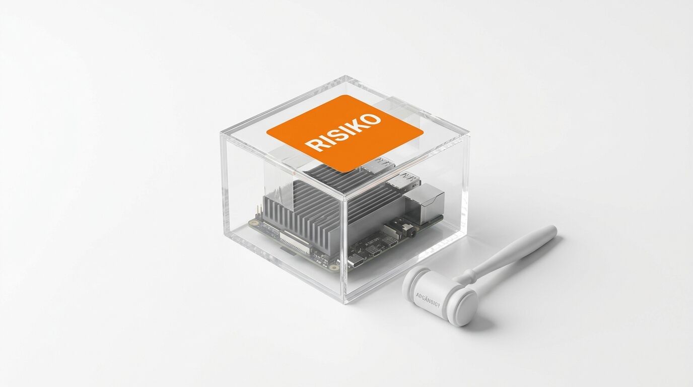 Elektronikplatine in Acrylglaswürfel mit Aufschrift 'RISIKO' und danebenliegendem, weißen Auktionshammer auf weißem Hintergrund
