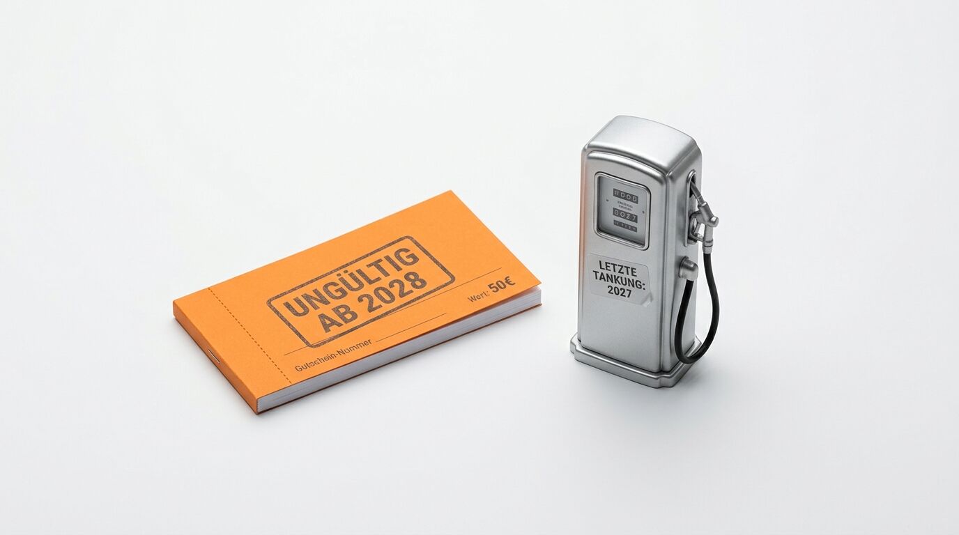 Modell einer Zapfsäule neben orangem Gutschein mit Text „UNGÜLTIG AB 2028“ und Wert „50€“