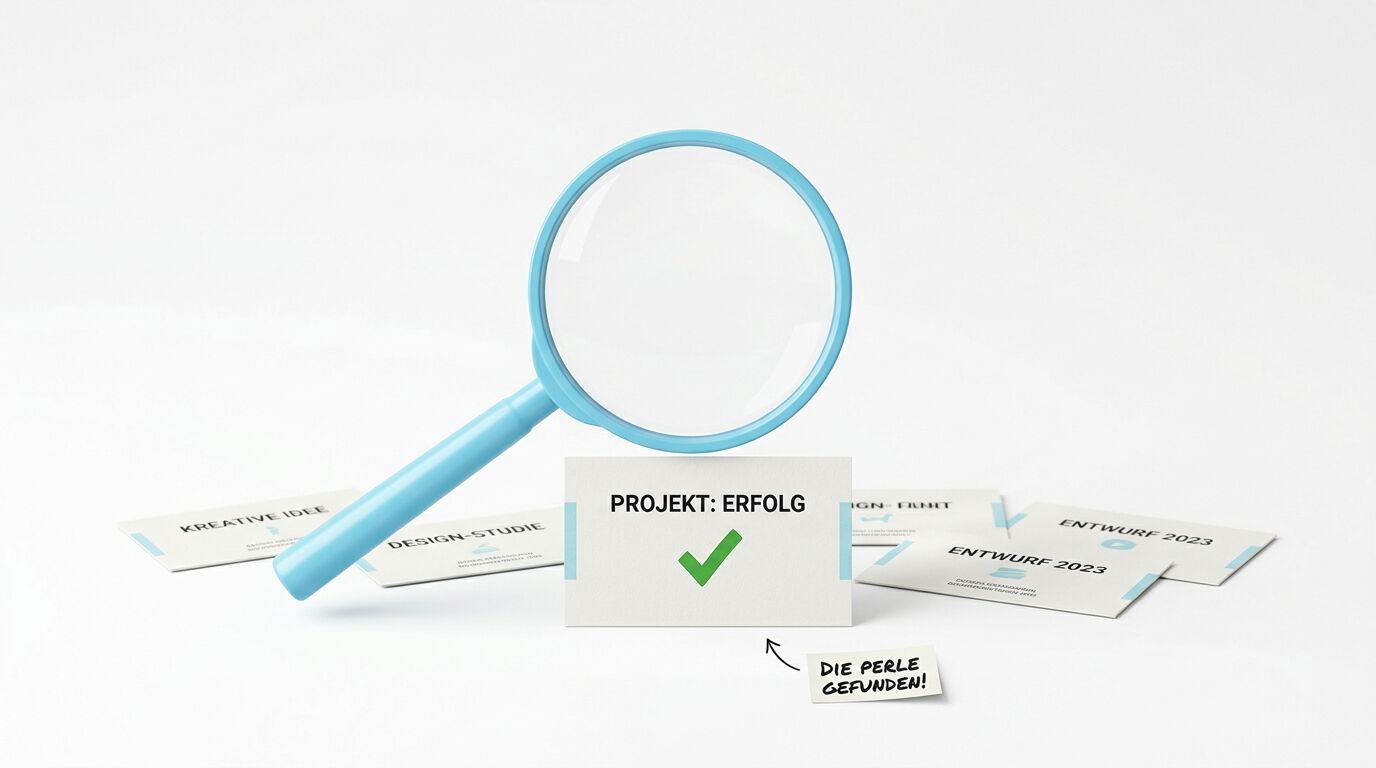 Eine blaue Lupe untersucht ein Schild mit "PROJECT: ERFOLG" und einem grünen Haken, umgeben von Designdokumenten