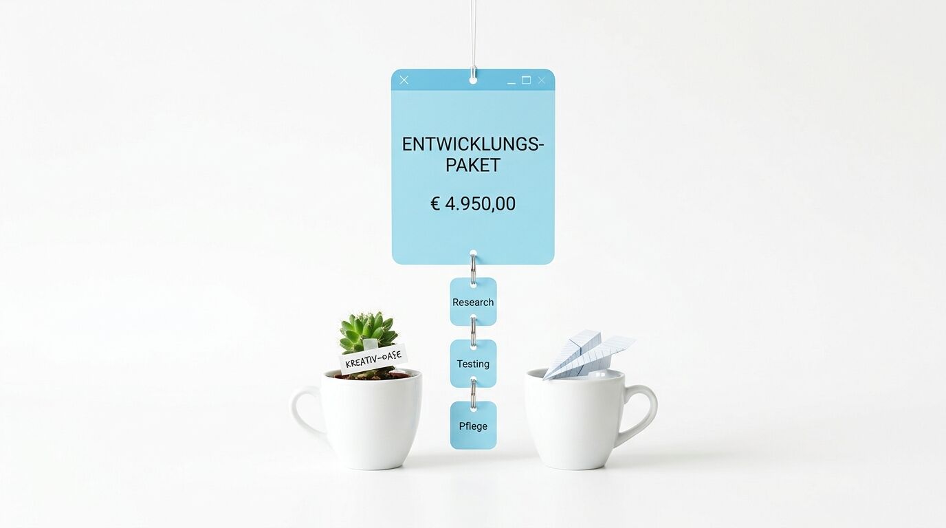 Entwicklungspaket für 4.950€ mit Phasen Research, Testing und Pflege zwischen zwei Kaffeetassen