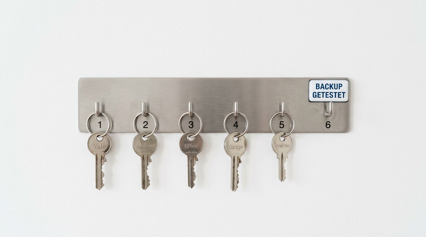 Schlüsselbrett aus Metall mit 6 Haken. 5 Schlüssel mit Etiketten: Yale, Apartment, Office, Garage, Small Key. Etikett oben rechts: "BACKUP GETESTET"