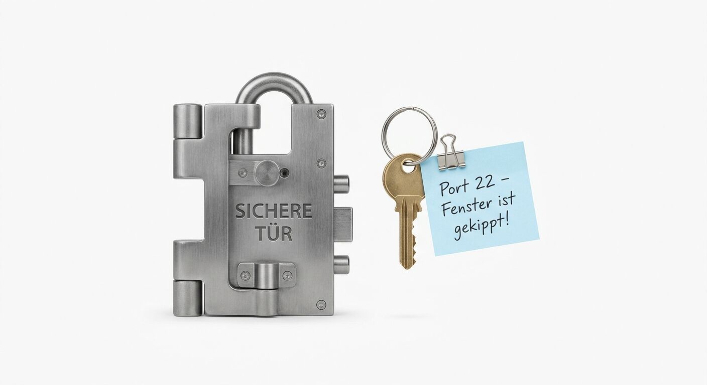 Stahlschloss mit Aufschrift "SICHERE TÜR" neben Schlüssel und blauer Notiz "Port 22 - Fenster ist gekippt"